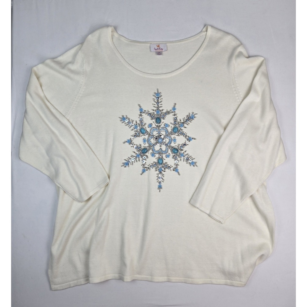 Womens Quacker Factory shirt sz 3X white sweater turquoise beaded neckline